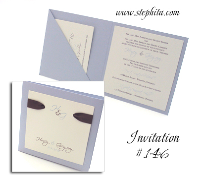 Invitation 146: Blue Plasma Pearl, Cream Smooth, Brown Ribbon