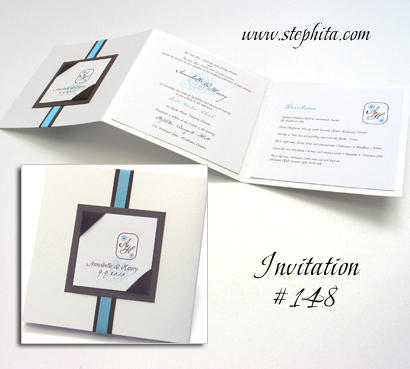 Invitation 148: White Pearl, Chocolate Smooth, White Smooth, Brown Ribbon, Turquoise Ribbon