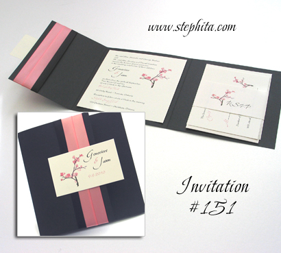 Invitation 151: Black Linen, Cream Smooth, Coral Ribbon, Black Ribbon