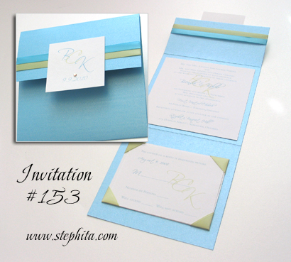 Invitation 153: Turquoise Pearl, White Smooth, Turquoise Ribbon, Honeydew Ribbon
