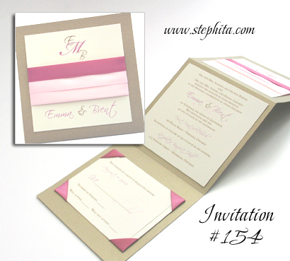 Invitation 154: Gold Pearl, Cream Smooth, Pink Ribbon, Dusty Rose Ribbon