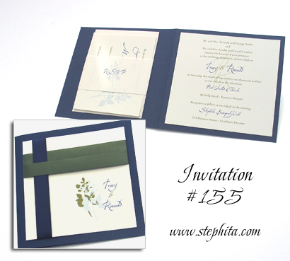 Invitation 155: Navy Linen, Cream Smooth, Sage Ribbon, Navy Ribbon