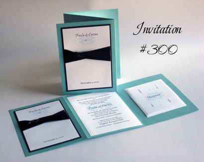 Invitation 300: Tiffany Pearl, Black Linen, Ex Ponto, Sabon Roman, Black Ribbon