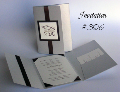 Invitation 306: Silver Pearl, Chocolate Linen, Trajan Pro, Nuncio, Brown Ribbon