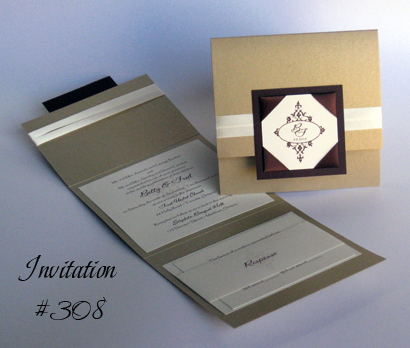 Invitation 308: Gold Pearl, Chocolate Linen, CAC Shishoni, Papyrus, Cream Ribbon, Brown Ribbon