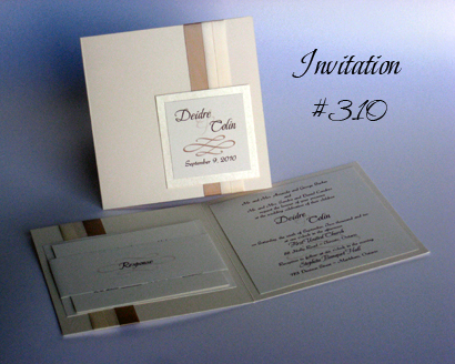 Invitation 310: Ivory Pearl, Buttermilk Pearl, Cream Smooth, Champagne Ribbon, Cream Ribbon