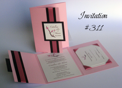 Invitation 311: Pink Pearl, Chocolate Smooth, Cream Smooth, Zaphino One, Calligraph 421, Brown Ribbon, Dusty Rose Ribbon