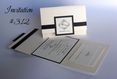 Invitation 312: Ivory Pearl, Black Linen, Cream Smooth, Aqualine 2, Sabon Roman, Black Ribbon