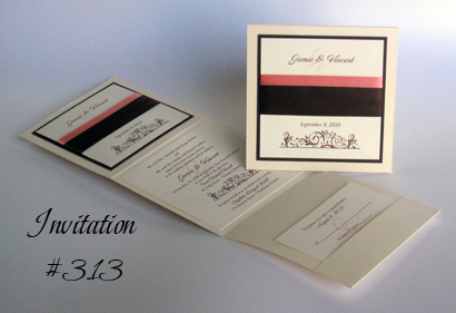 Invitation 313: Ivory Pearl, Chocolate Smooth, Cream Smooth, Adobe Jenson Pro Light, Brown Ribbon, Coral Ribbon