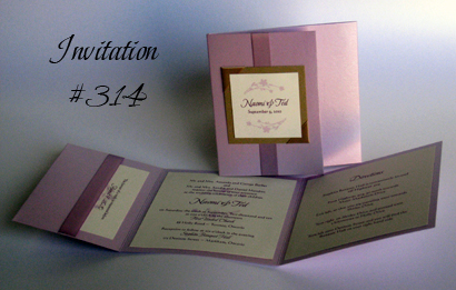 Invitation 314: Lilac Pearl, Gold Pearl, Cream Smooth, Beau Rivage, Calligraph 421, Lavender Ribbon, Champagne Ribbon