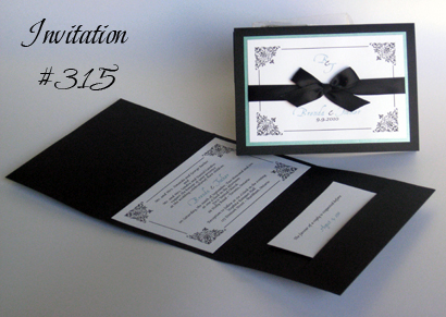 Invitation 315: Black Linen, Tiffany Pearl, White Smooth, Aqualine, Lucida Calligraphy, Black Ribbon