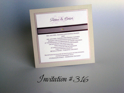 Invitation 316: Mauve Pearl, Lilac Pearl, White Smooth, Shalimar Swash, Trajan Pro, Eggplant Ribbon, Lavender Ribbon