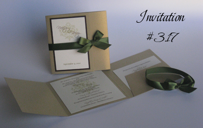 Invitation 317: Gold Pearl, Chocolate Smooth, Cream Smooth, Scriptina, Lucida Calligraphy, Sage Ribbon