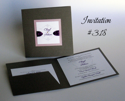 Invitation 318: Charcoal Pearl, Lilac Pearl, White Smooth, The Nauti Gal, Bell MT, Purple Ribbon