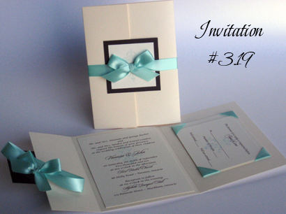 Invitation 319: Ivory Pearl, Chocolate Smooth, Cream Smooth, Sloop, Lucida Calligraphy, Aqua Ribbon