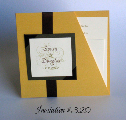 Invitation 320: Mango Pearl, Sage Pearl, Cream Smooth, Ex Ponto, Nuncio, Brown Ribbon