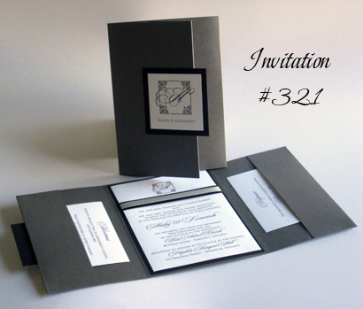 Invitation 321: Charcoal Pearl, Black Linen, White Smooth, Black Ribbon, Silver Ribbon