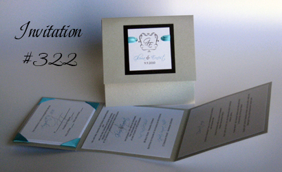 Invitation 322: Silver Pearl, Black Linen, White Smooth, Scriptina, Sabon Roman, Turquoise Ribbon