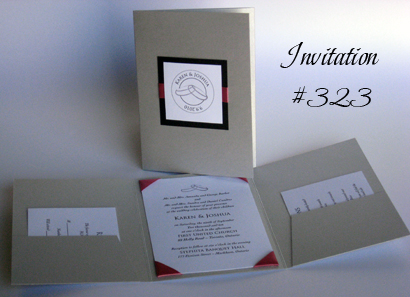 Invitation 323: Silver Pearl, Black Linen, White Smooth, Trajan Pro, Cochin, Dusty Rose Ribbon