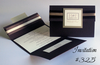 Invitation 325: Chocolate Linen, Gold Pearl, Cream Smooth, Canette, Adobe Jenson Pro Light, Brown Ribbon, Champagne Ribbon