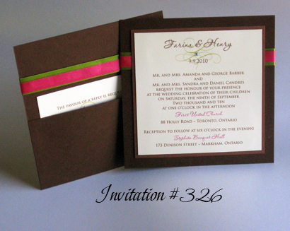 Invitation 326: Chocolate Linen, Brown Pearl, Cream Smooth, Passions, Trajan Pro, Lime Ribbon, Azalea Ribbon