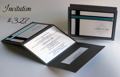 Invitation 327: Charcoal Pearl, Black Linen, White Smooth, Calligraph 421, Black Ribbon, Turquoise Ribbon