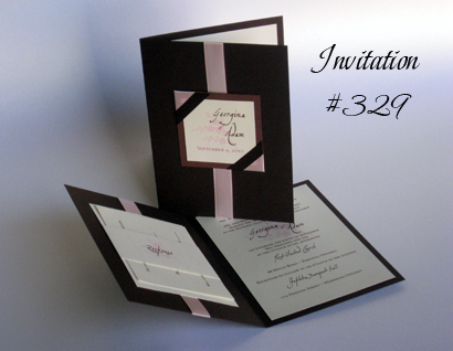 Invitation 329: Chocolate Linen, Brown Pearl, Cream Smooth, Missiva, Sabon Roman, Pink Ribbon, Brown Ribbon