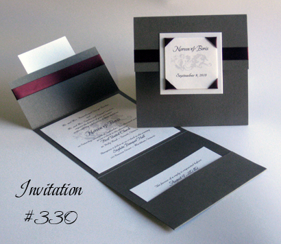 Invitation 330: Charcoal Pearl, White Pearl, White Smooth, Beau Rivage, Nuncio, Eggplant Ribbon