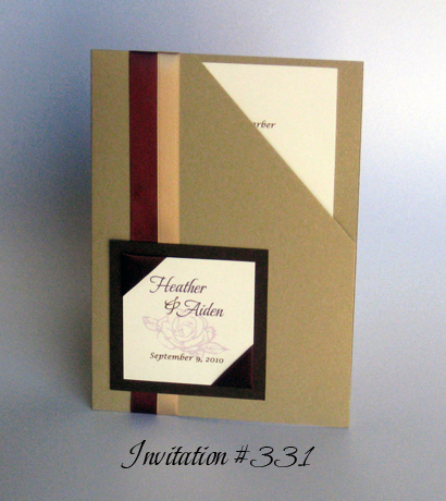 Invitation 331: Gold Pearl, Chocolate Smooth, Cream Smooth, Beau Rivage, Lucida Calligraphy, Eggplant Ribbon, Champagne Ribbon