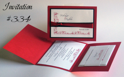 Invitation 334: Red Linen, Black Linen, White Smooth, Scriptina, Cochin, Black Ribbon, Red Ribbon