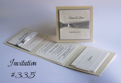 Invitation 335: Buttermilk Pearl, Silver Pearl, Cream Smooth, Sloop, Calligraph 421, Silver Ribbon