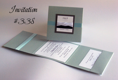 Invitation 338: Blue Aspire Pearl, Charcoal Pearl, White Smooth, Beau Rivage, Gabrielle, Light Blue Ribbon, White Ribbon, Black Ribbon