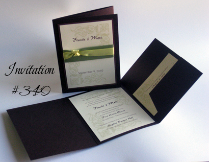 Invitation 340: Chocolate Linen, Brown Pearl, Cream Smooth, Myriad Pro Light, Eras Light, Honeydew Ribbon, Canary Ribbon