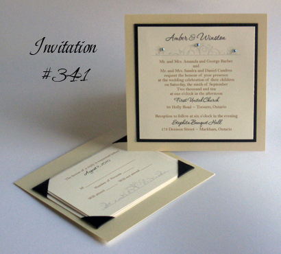Invitation 341: Buttermilk Pearl, Black Linen, Cream Smooth, Corinthia, Bell MT, Black Ribbon