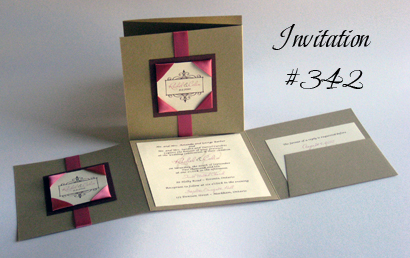 Invitation 342: Gold Pearl, Chocolate Smooth, Cream Smooth, Miss Le Gatees, Lucida Calligraphy, Dusty Rose Ribbon