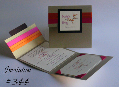 Invitation 344: Gold Pearl, Chocolate Smooth, Cream Smooth, Azalea Ribbon, Orange Ribbon