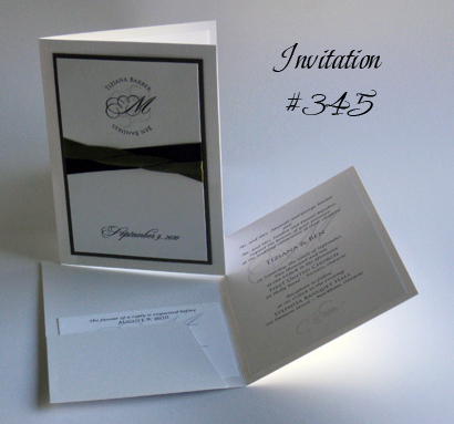 Invitation 345: White Pearl, Sage Pearl, White Smooth, Trajan Pro, Lucida Calligraphy, Black Ribbon, Sage Ribbon