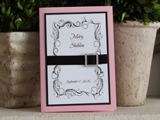 Invitation 901: Pink Pearl, Black Linen, White Smooth, Beau Rivage, Adobe Jenson Pro Light, Black Ribbon, Brooch/Buckle O