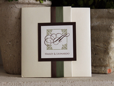 Invitation 902: Buttermilk Pearl, Chocolate Linen, Cream Smooth, Portofolio, Trajan Pro, Brown Ribbon, Sage Ribbon
