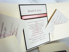 Invitation 903: White Gold, Chocolate Smooth, Cream Smooth, Swan Song, Calligraph 421, Brown Ribbon, Coral Ribbon