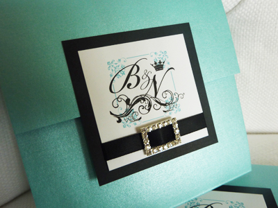 Invitation 904: Tiffany Pearl, Black Linen, White Smooth, Bickham Script 2, Sabon Roman, Black Ribbon, Brooch/Buckle M
