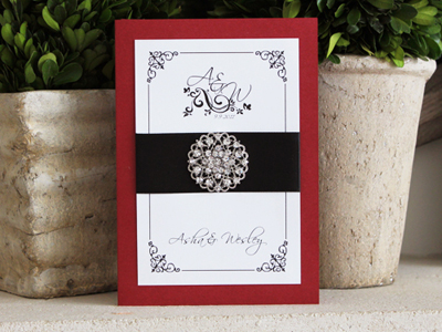 Invitation 905: Red Lacquer, White Smooth, Scriptina, Papyrus, Black Ribbon, Brooch/Buckle X