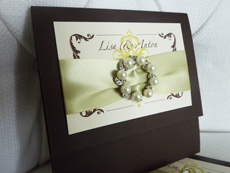 Invitation 906: Chocolate Linen, Cream Smooth, Zaphino One, Sabon Roman, Honeydew Ribbon, Brooch/Buckle W