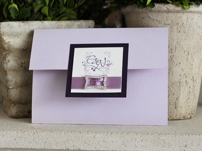 Invitation 907: Orchid Pearl, Dark Purple, Cream Smooth, Shalimar Swash, Lucida Calligraphy, Lavender Ribbon, Brooch/Buckle N