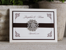 Invitation 908: Ivory Pearl, Chocolate Smooth, Cream Smooth, Diplomat, Ambient, Brown Ribbon, Brooch/Buckle Q