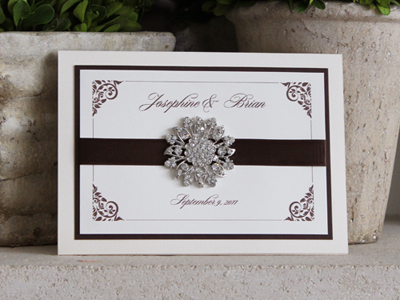 Invitation 908: Ivory Pearl, Chocolate Smooth, Cream Smooth, Diplomat, Ambient, Brown Ribbon, Brooch/Buckle A11