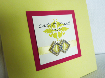 Invitation 909: Avocado Linen, Azalea, Cream Smooth, Swan Song, Sabon Roman, Canary Ribbon, Brooch/Buckle P