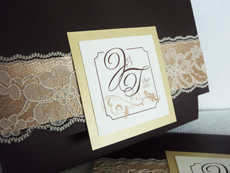 Invitation 910: Chocolate Linen, Gold Dust, Cream Smooth, Devon, Sabon Roman, Champagne Ribbon