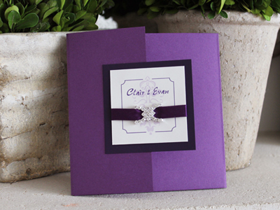 Invitation 911: Purple Pearl, Dark Purple, Cream Smooth, Pepsi, Calligraph 421, Purple Ribbon, Brooch/Buckle F