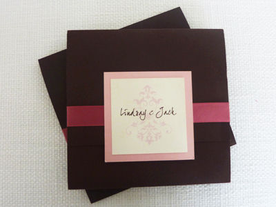 Invitation 914: Chocolate Linen, Pink Pearl, Cream Smooth, Joe Hand 2, Phyllis, Dusty Rose Ribbon